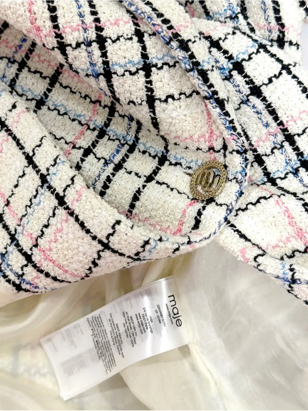 Maje preppy coquette style cream multicolored plaid blazer with gold button | 34